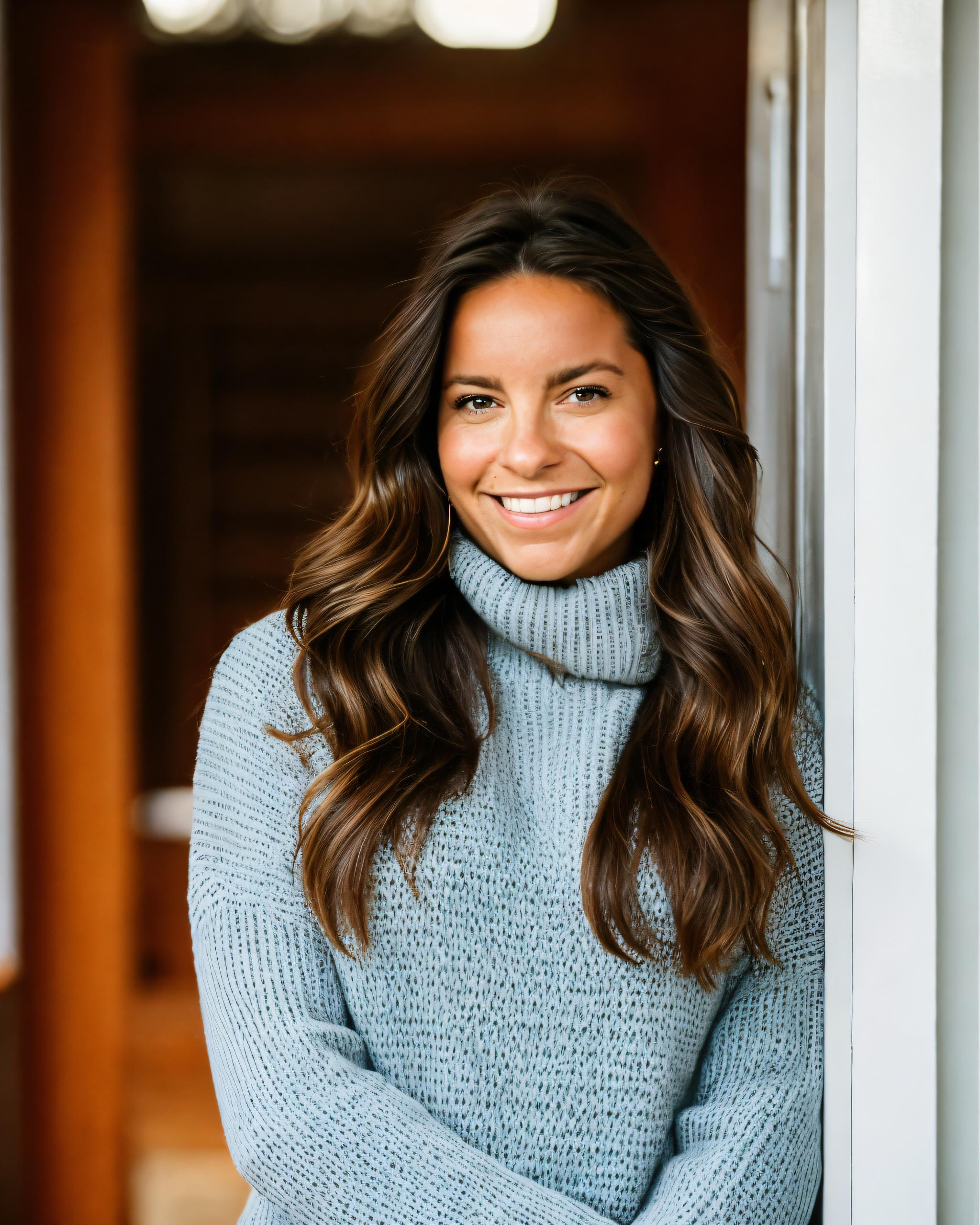 A young woman with long wavy brown hair smiling while standing indoors near a window, wearing a gray turtleneck sweater.