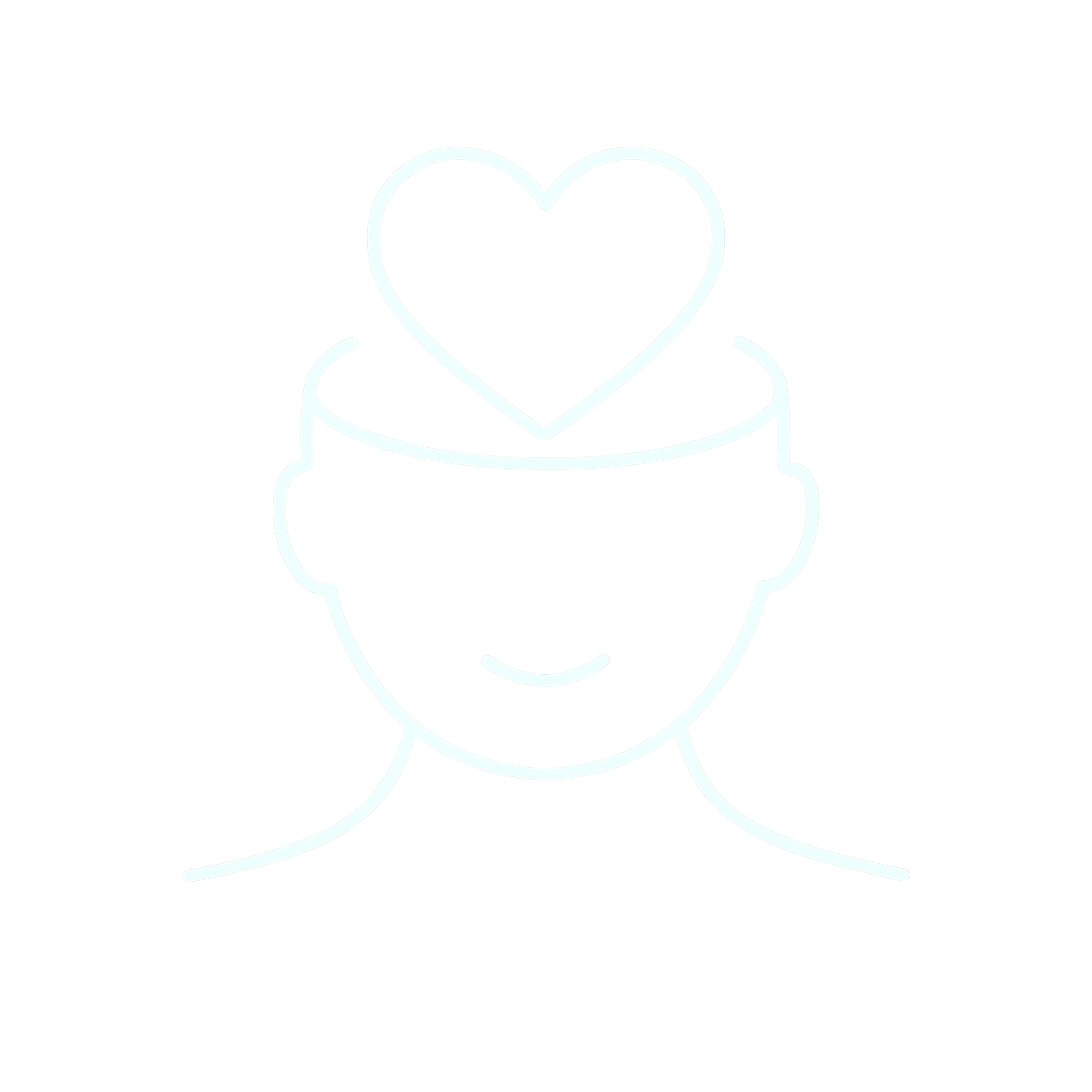 Neon line drawing of a person's head with a smiling face, open head with a heart inside at the top, set against a black background.