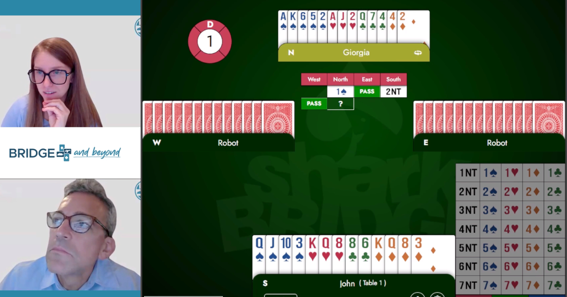 Online bridge game in progress with two players, Giorgia and John, who are participating remotely. The game screen shows bridge cards, bids, and a timer, with a logo for 'Bridge and Beyond' on the side.