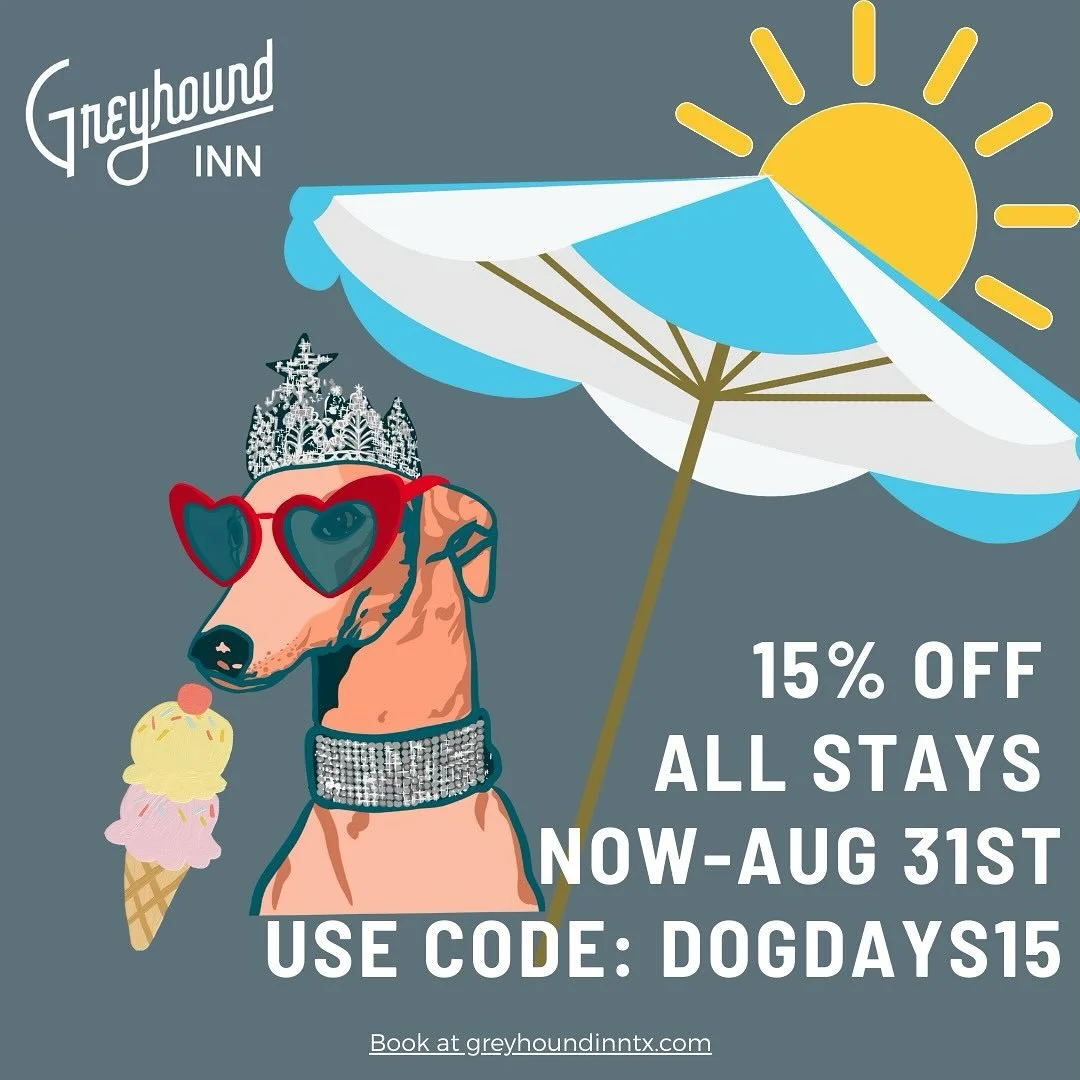 ***THIS JUST INN*** Beat the heat at Greyhound Inn! ☀️ 
Escape the grind and chill out in style, just a short stroll to Andy&rsquo;s for ice cream or hit up True Vine or ETX Brewing for a cold beer. 🍦🍺
Now through August 31, get 15% OFF all stays w
