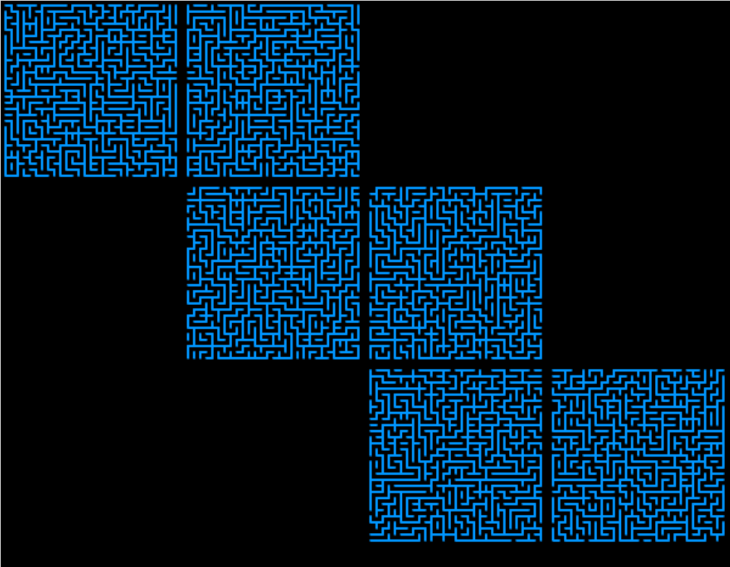 Six square blue maze puzzles arranged on a black background, each one a face of the same cube.