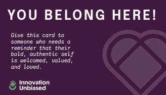 Purple card with white text that says 'You Belong Here!' and a message encouraging giving the card to someone needing self-worth reminder, with an abstract heart design in the background.