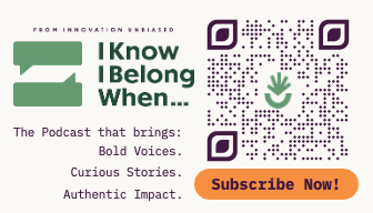 Podcast promotional graphic with QR codes, a subscribe button, and text about bold voices, curious stories, and authentic impact.