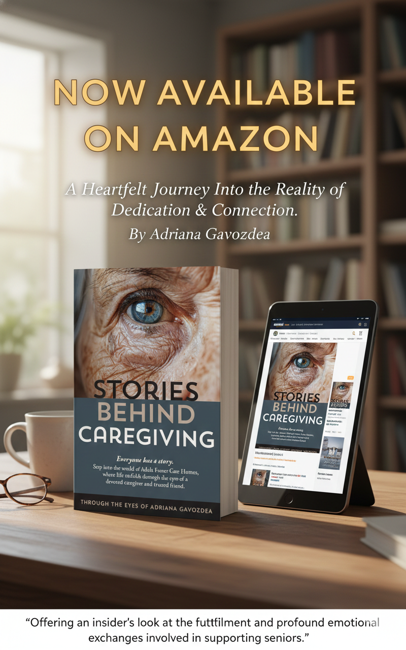 A promotional image showing a book titled "Stories Behind Caregiving"  by Adriana Gavozdea