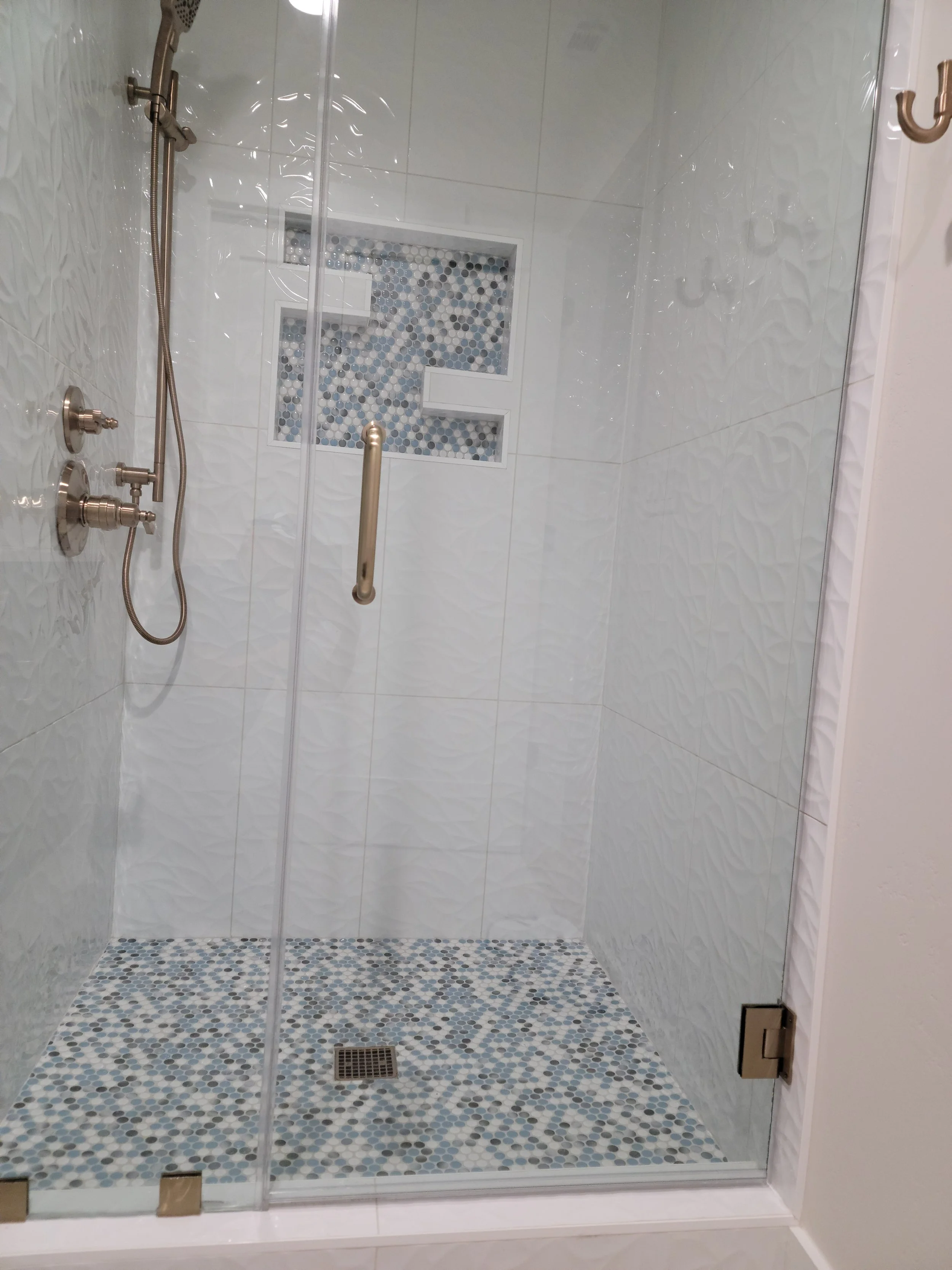 white and blue shower remodel horseshoe bay