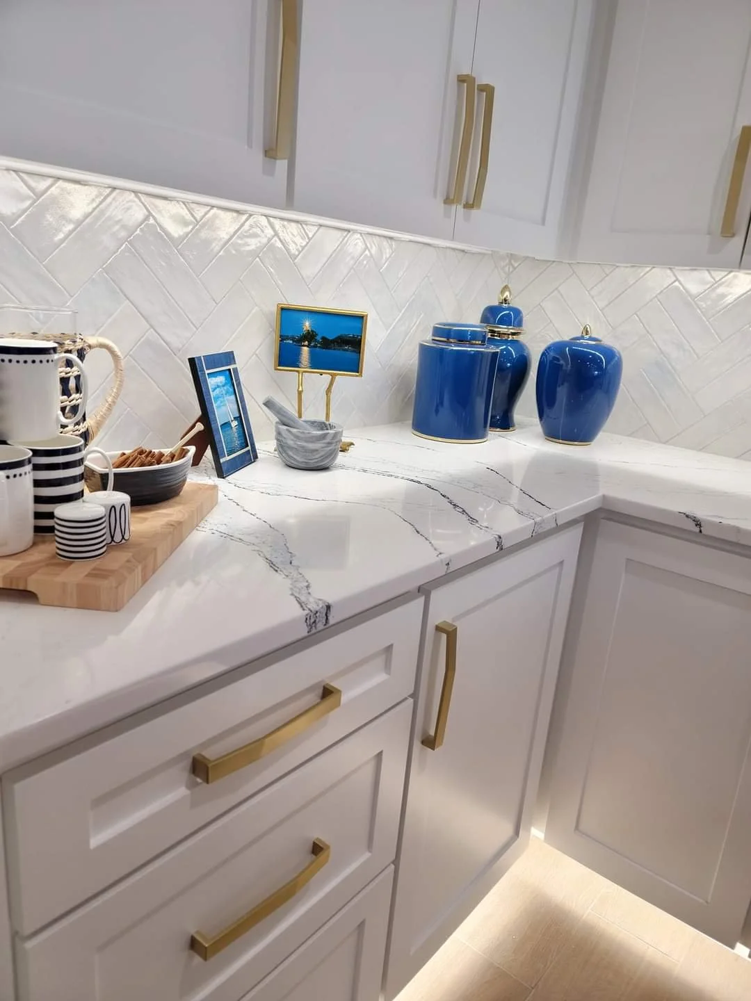 blue and white marble kitchen remodel 