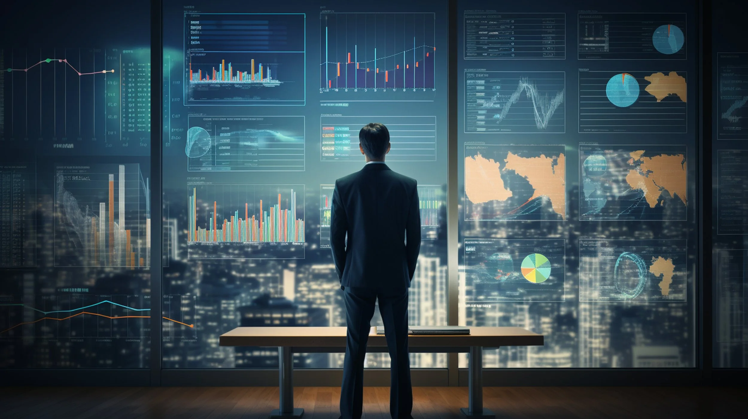 A man in a suit stands in front of a large digital screen displaying various financial graphs, charts, and world maps.