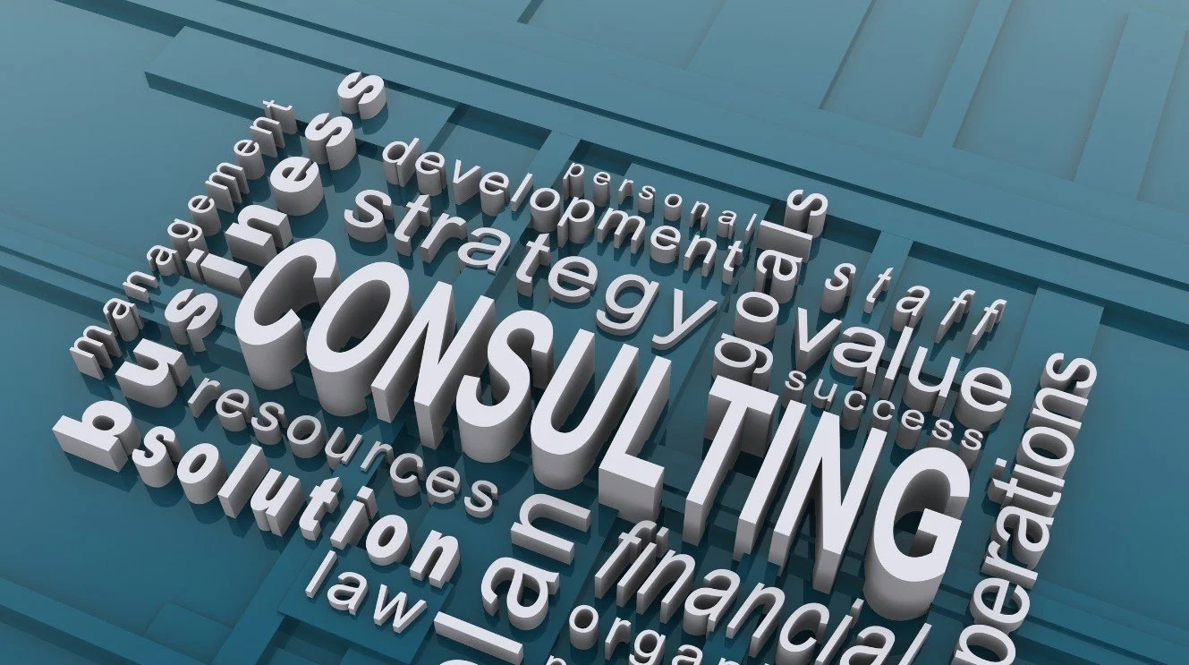 3D text on a blue background with words related to consulting, including 'CONSULTING' in large white letters, surrounded by words like strategy, resources, solutions, valuation, development, success, and personal.