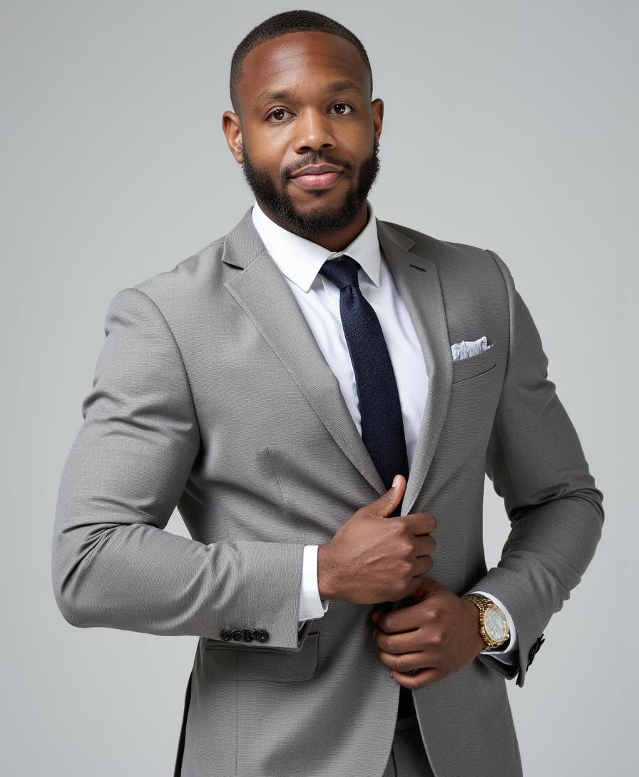 A man in a light gray business suit with a white shirt and dark blue tie, standing against a neutral background. He is adjusting his suit jacket with one hand and wears a gold watch.