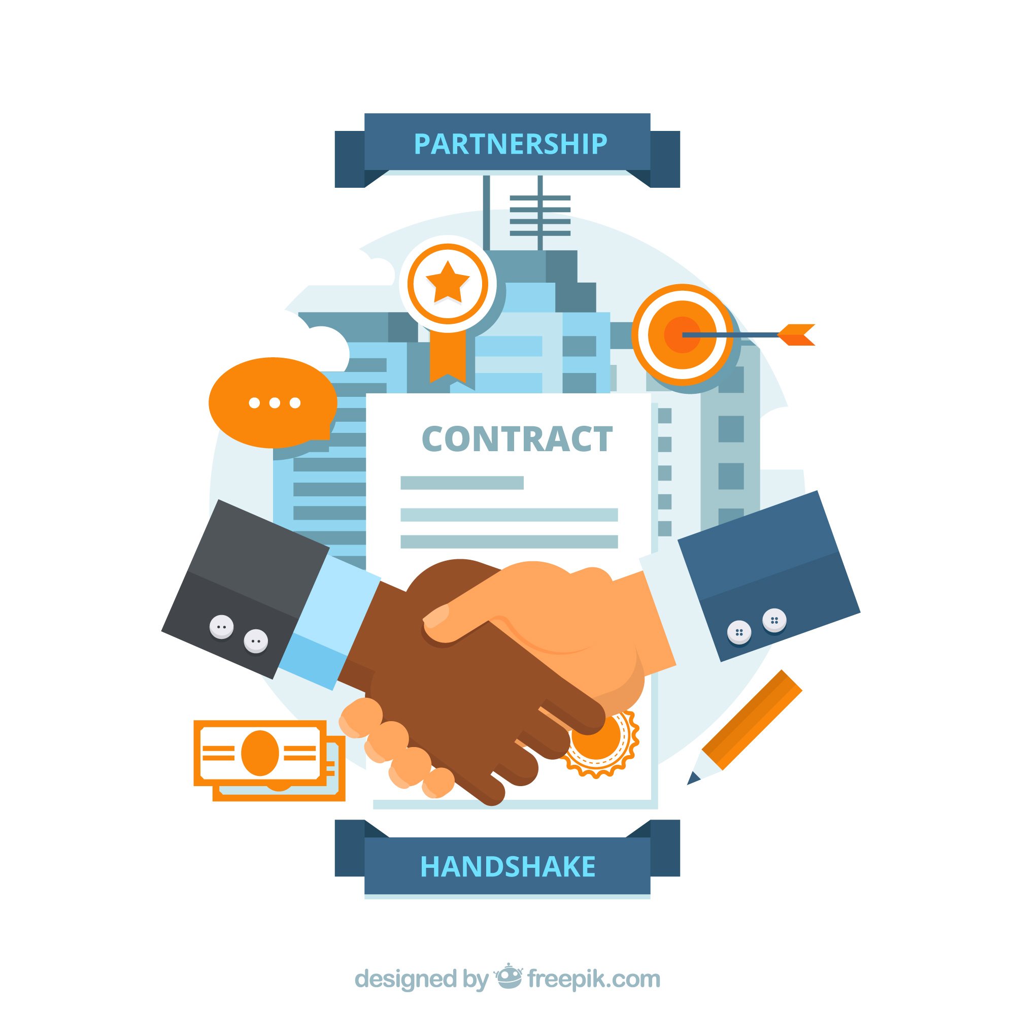 Illustration of a handshake over a contract, surrounded by icons representing partnership, goals, communication, and payment, with buildings in the background.
