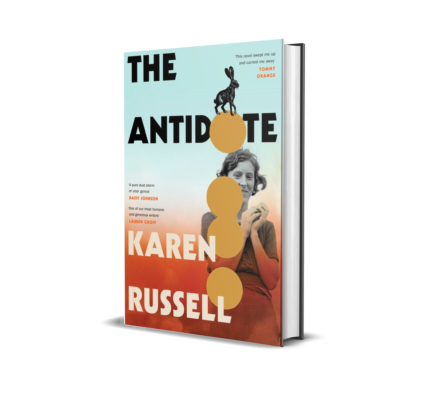 Book cover for 'The Antidote' by Karen Russell featuring a black-and-white photo of a woman smiling, with three gold circles and a small illustration of a rabbit standing on an orange circle.