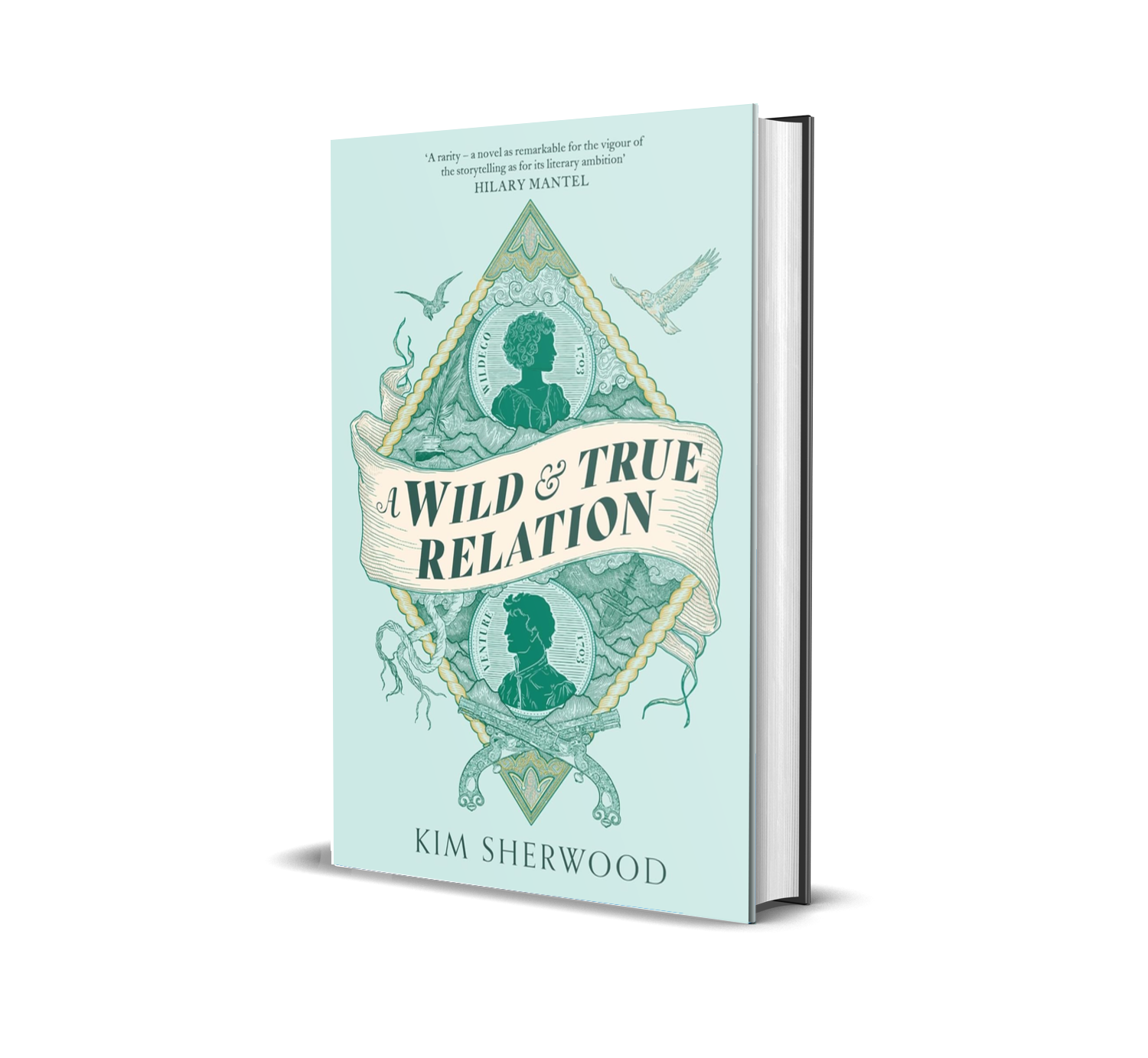 Cover of a book titled "A Wild & True Relation" by Kim Sherwood, featuring a illustrated design with portraits, mountains, and swirling elements.
