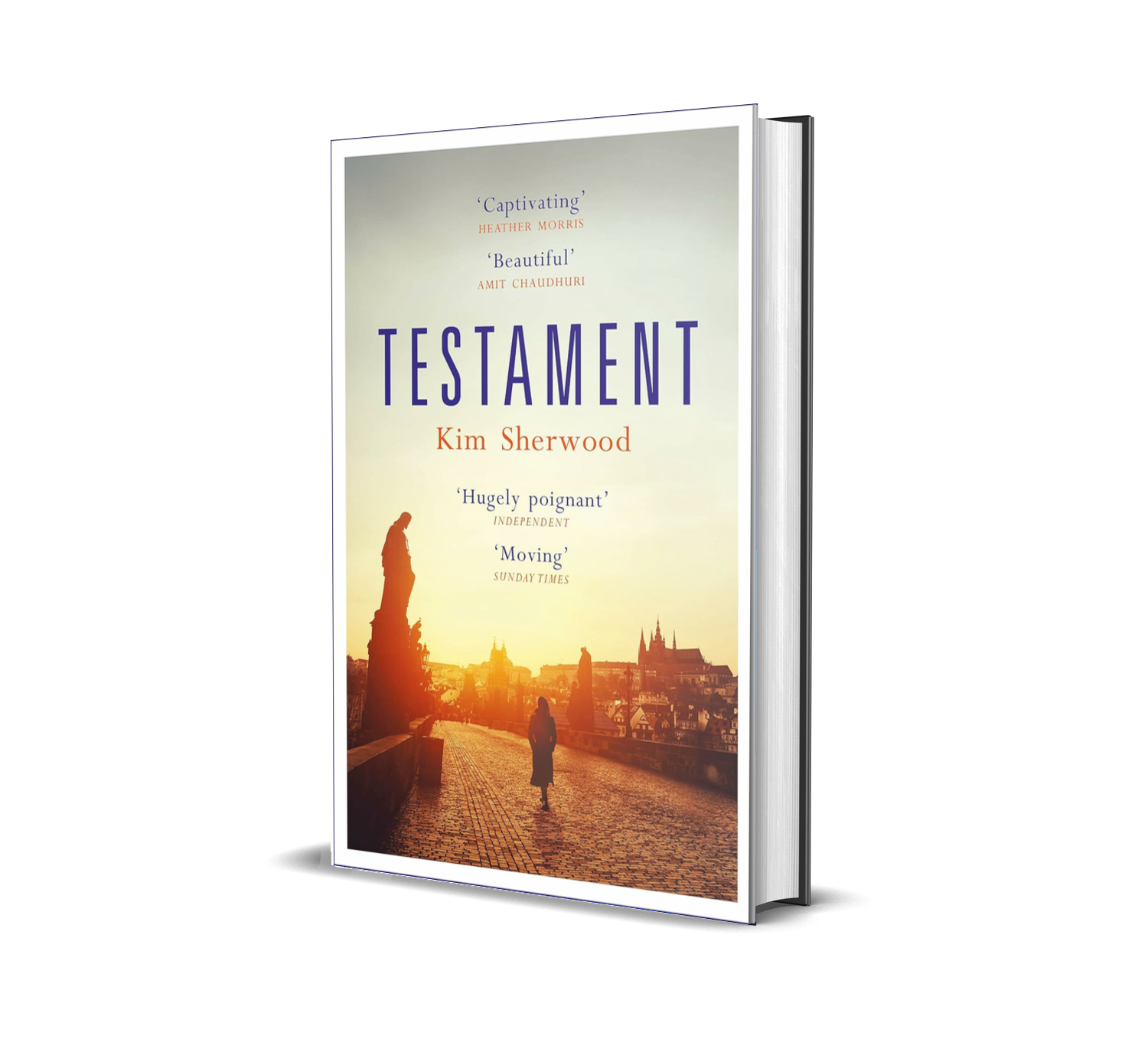 A 3D rendering of a book titled "Testament" by Kim Sherwood, with a cover image of a sunset view of a European city with statues and domed buildings.