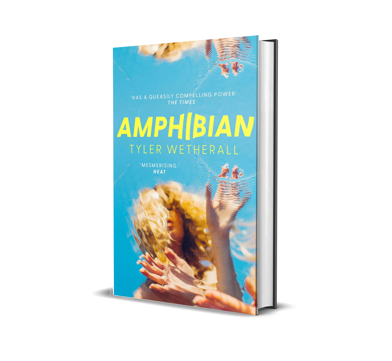 Book titled "Amphibian" by Tyler Wetherall, featuring a distorted image of a woman with blonde hair underwater on the cover.