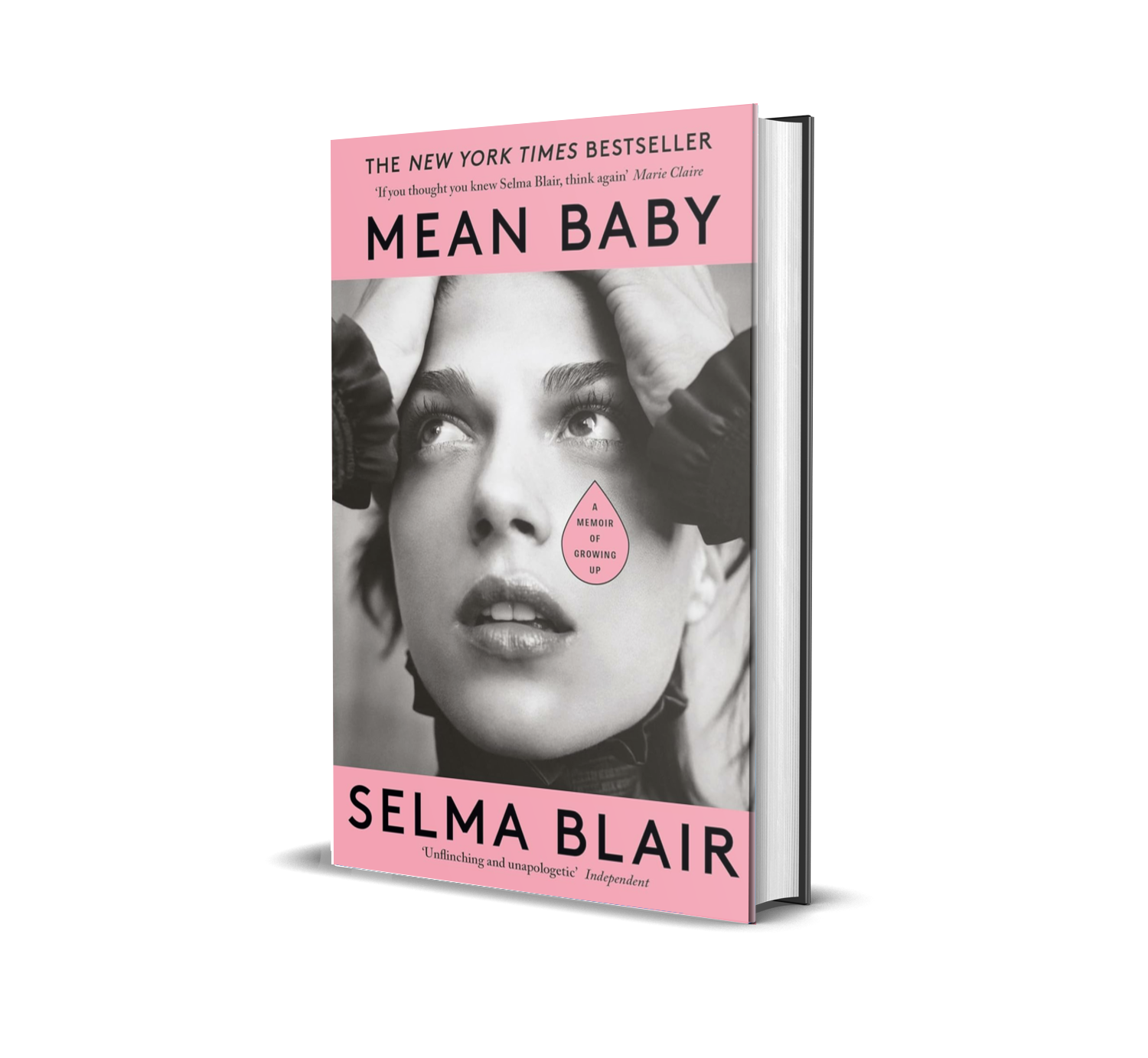 Book cover of 'Mean Baby' by Selma Blair, featuring a black and white photo of a young woman's face with her hands on her head, and pink banners with the title and author's name.
