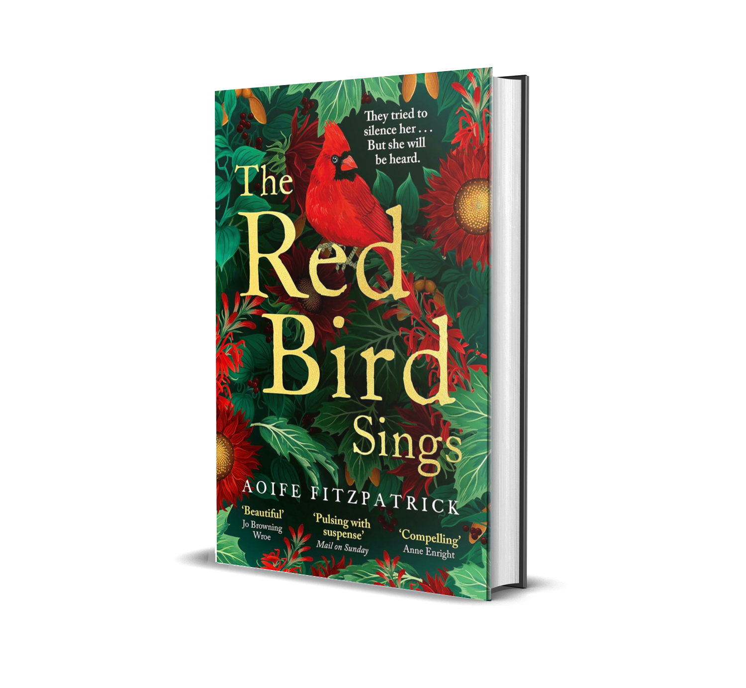 A colorful hardcover book titled 'The Red Bird Sings' by Aoife Fitzpatrick, featuring a red cardinal perched amidst green foliage and red flowers on the cover.
