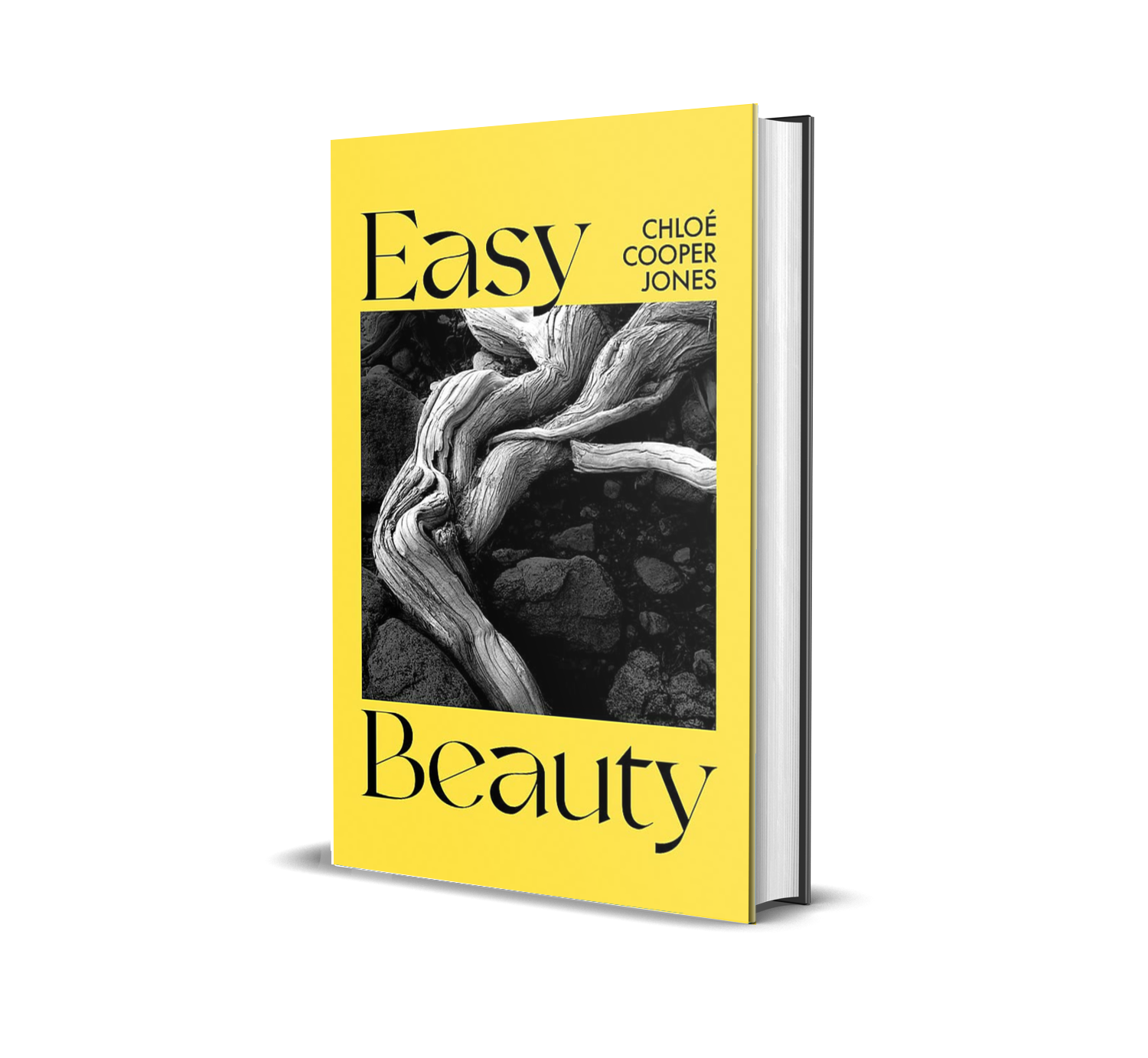 Book titled 'Easy Beauty' by Chloé Cooper Jones with a yellow cover and black and white photo of a gnarled tree on the front.