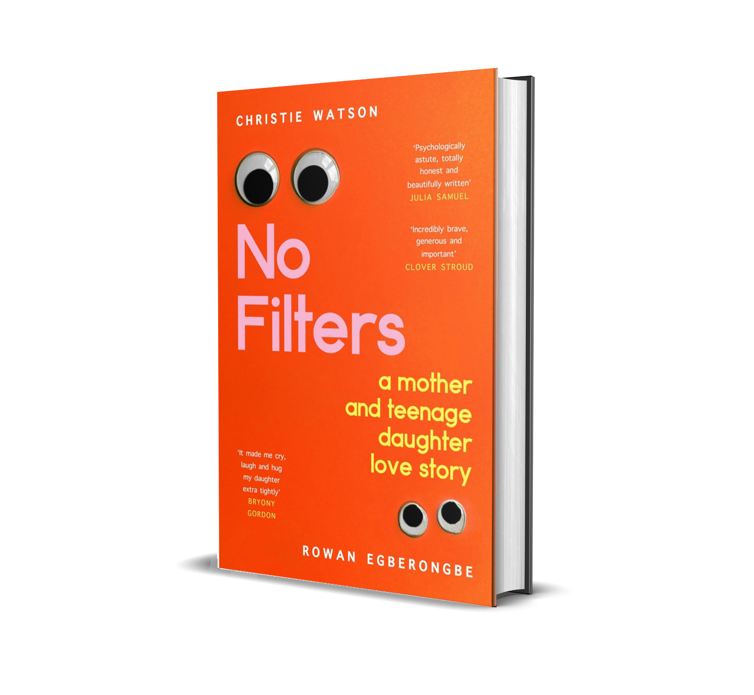 A book cover titled 'No Filters' by Rowan Egberongbe, featuring two pairs of cartoonish eyes above and below the title on an orange background.