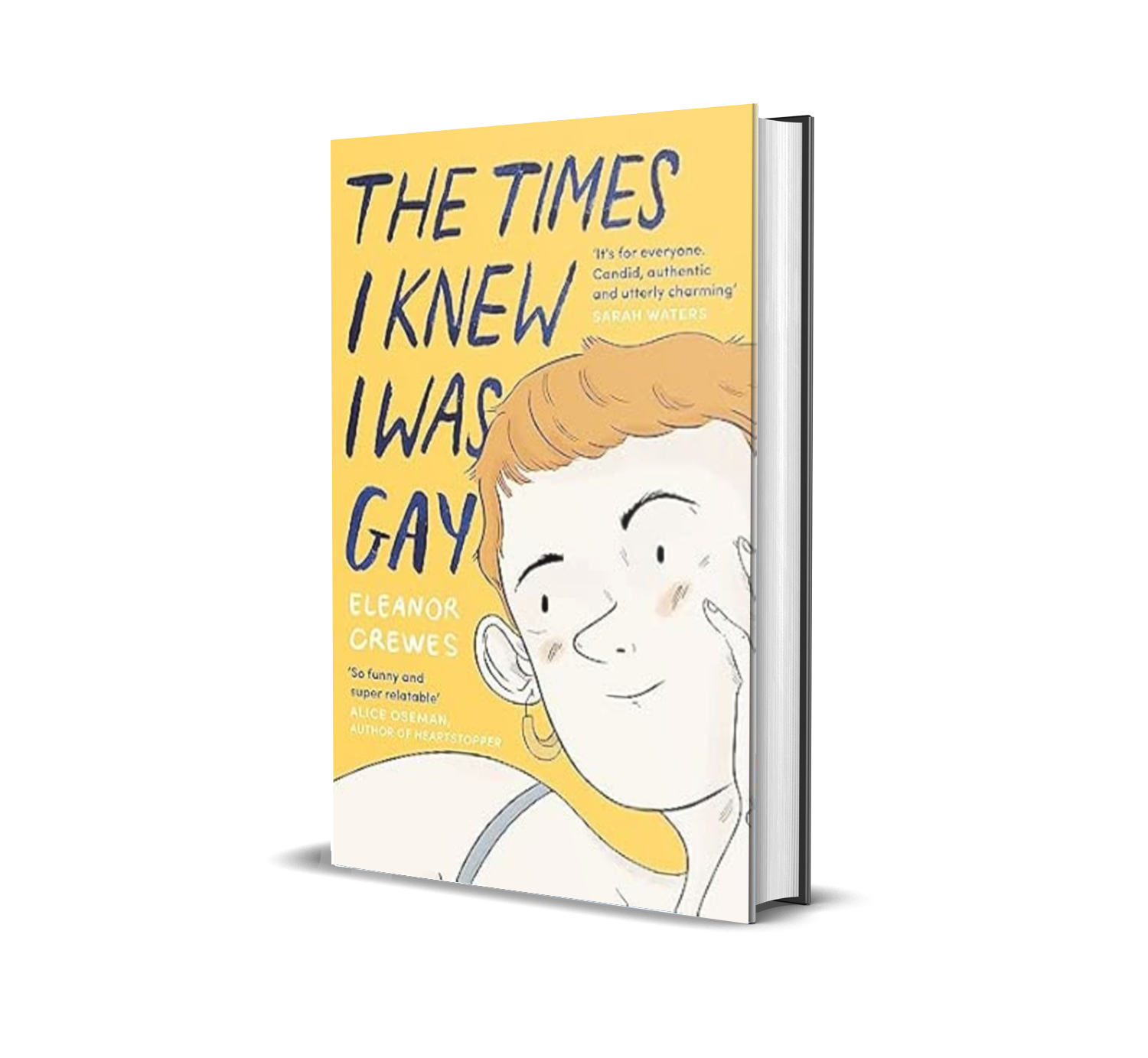 Front cover of a book titled "The Times I Knew I Was Gay" with an illustrated smiling person with short hair.
