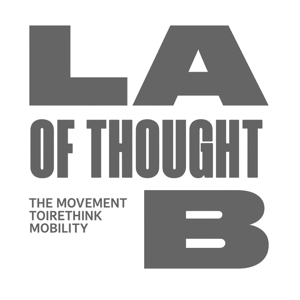 Graphic with large text 'LAB',' and smaller text 'OF THOUGHT' and 'THE MOVEMENT TO RE THINK MOBILITY.'
