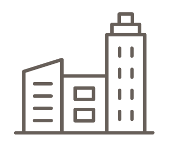 Line drawing of three city buildings of varying heights
