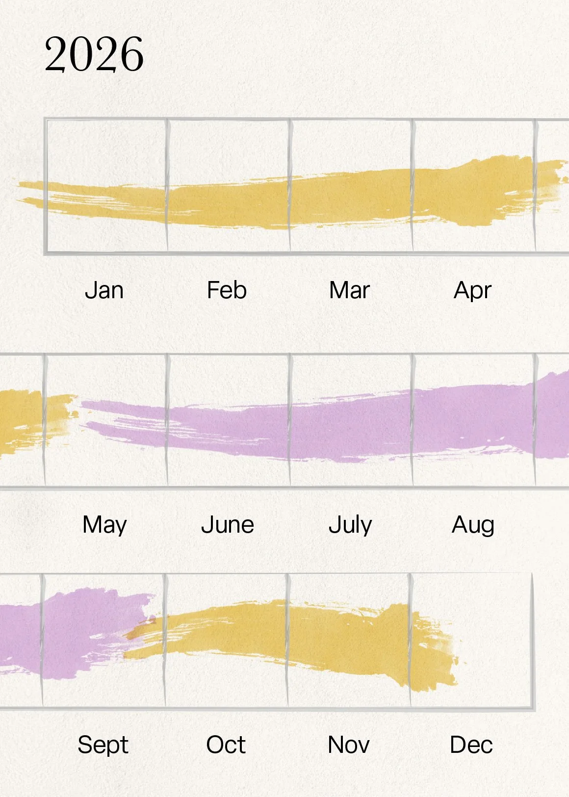 A 2026 calendar with colorful brush strokes representing months, including January to April in yellow and May to August in purple, September to December in alternating yellow and purple.