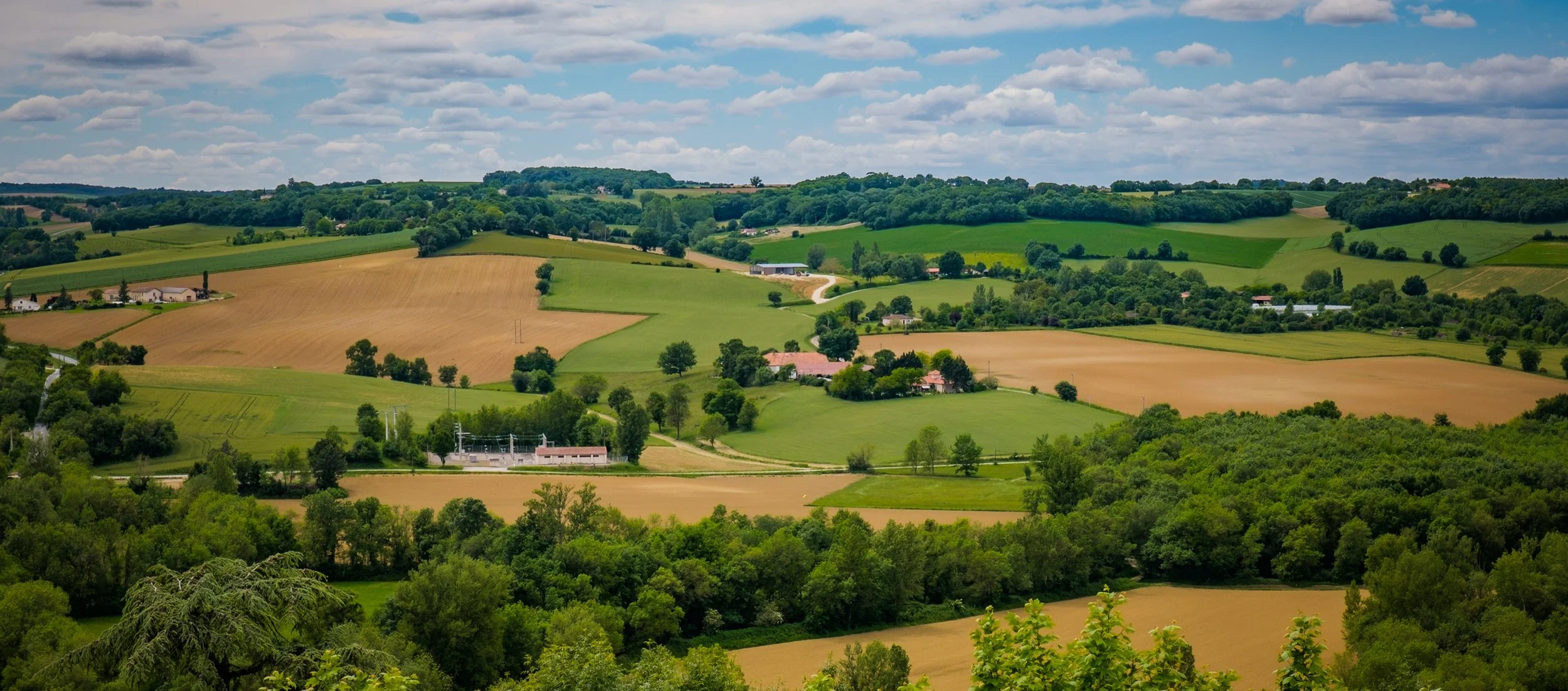 Scenic view of rolling green hills, farmland, patches of trees, farmhouses, and a winding road under a partly cloudy sky.