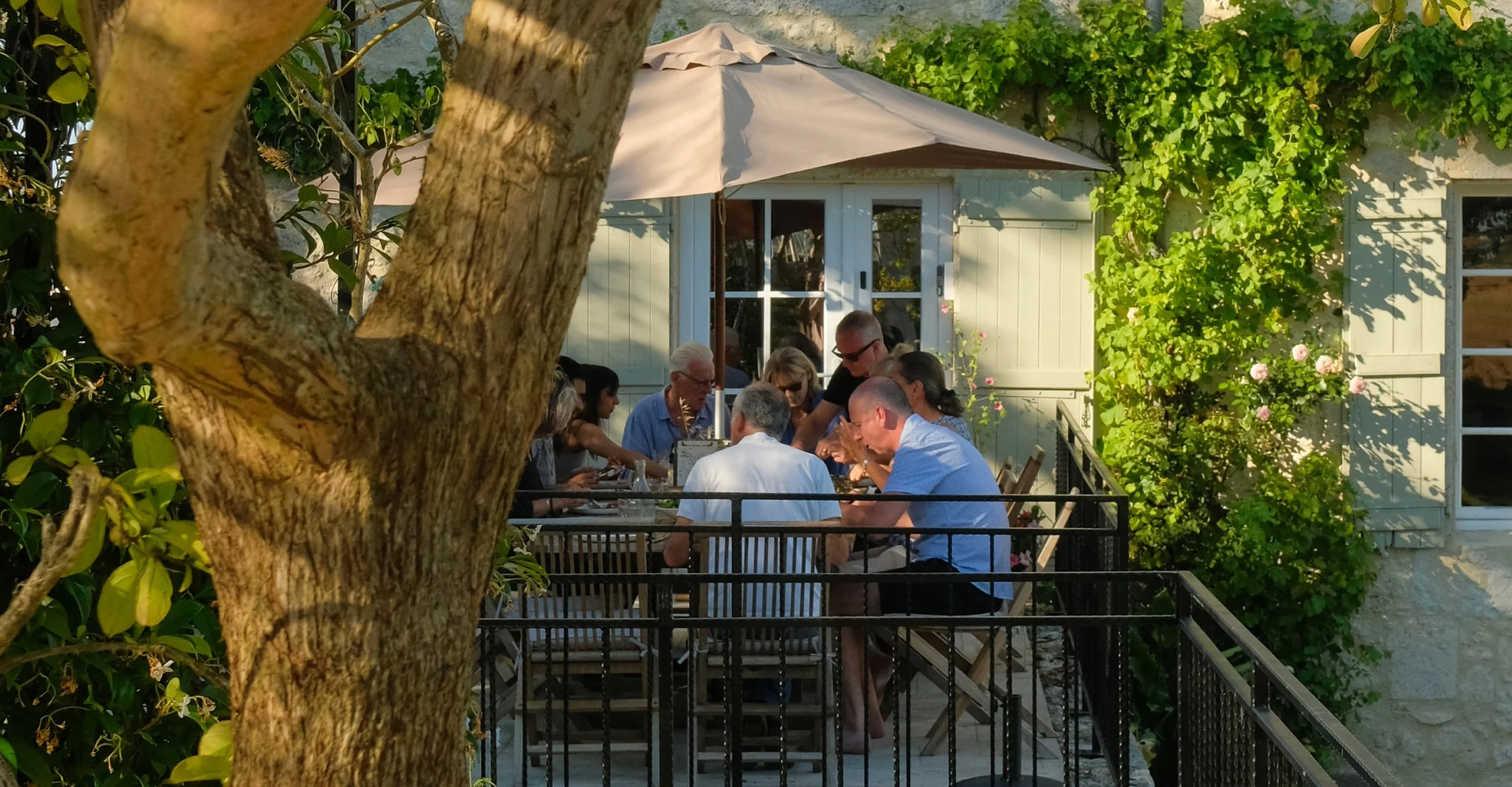A group of people dining outdoors at a patio table under a beige umbrella, surrounded by greenery and a tree in the foreground.