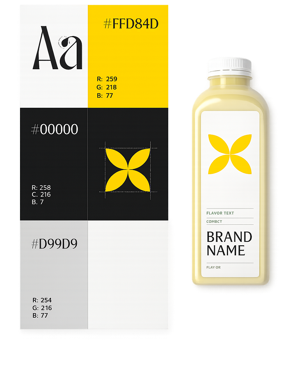 Brand identity design system including logo, typography, color palette, and packaging mockup for a modern startup brand
