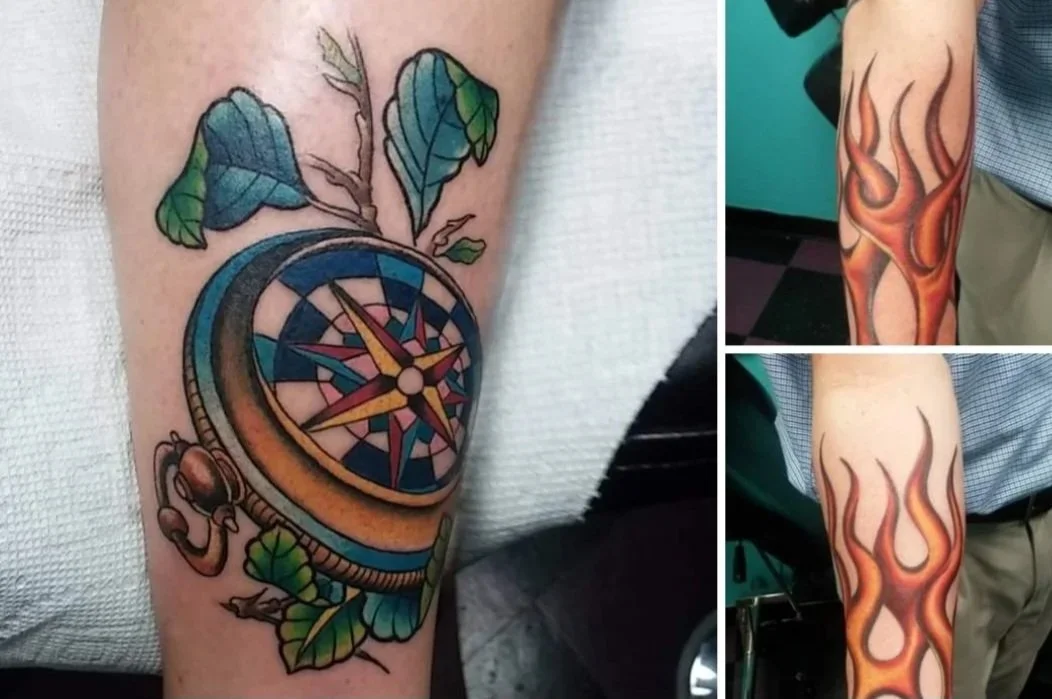 Tattoo of a compass with leaves, and flames tattooed on a person's arm.