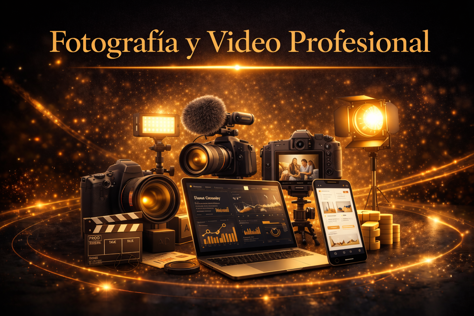 Equipo profesional de fotografía y producción de video con cámaras e iluminación utilizado para crear contenido visual para marketing digital y redes sociales.