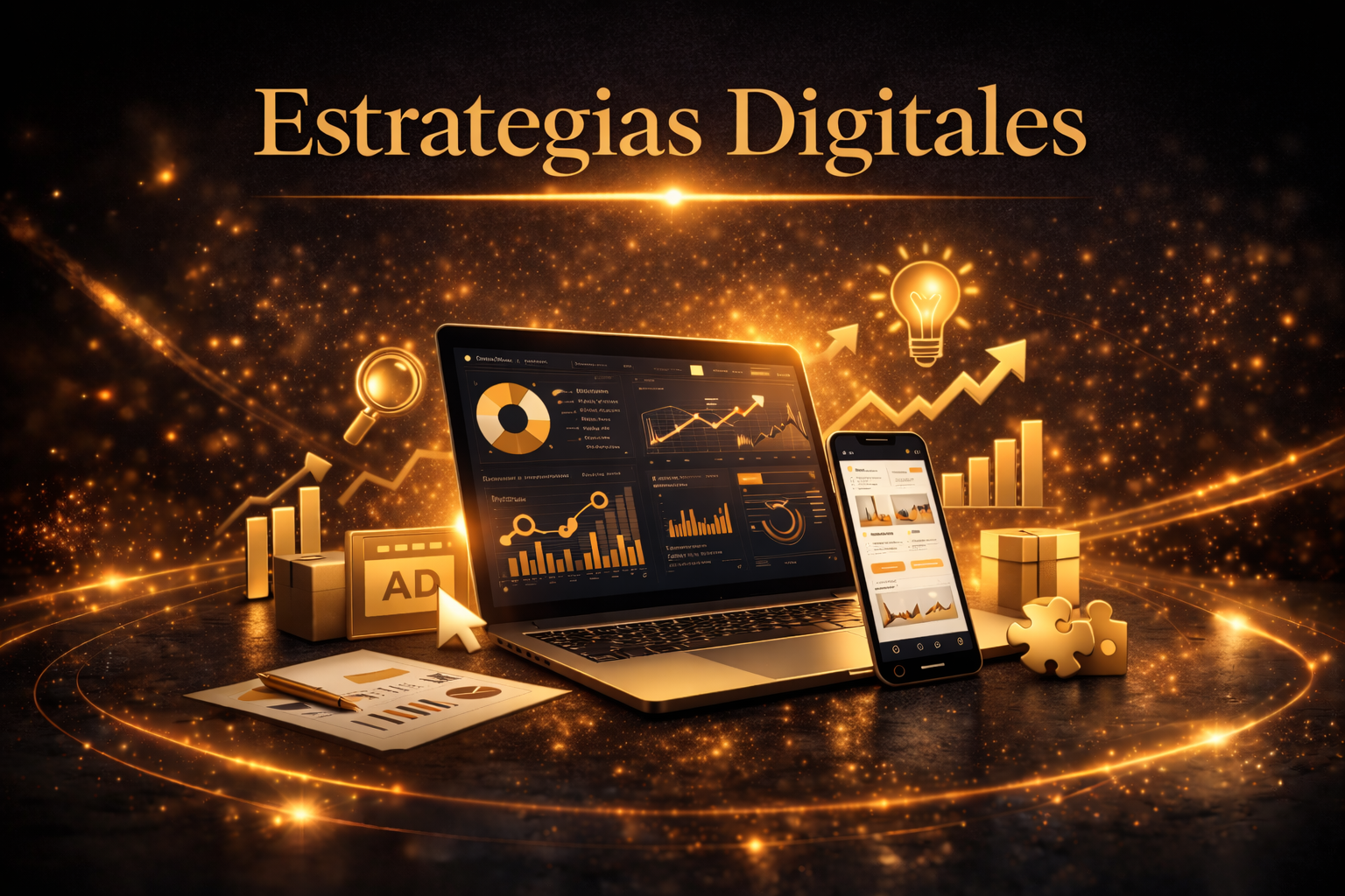 Ilustración de estrategia de marketing digital con laptop, smartphone y gráficos de análisis representando planificación de estrategias digitales para negocios.