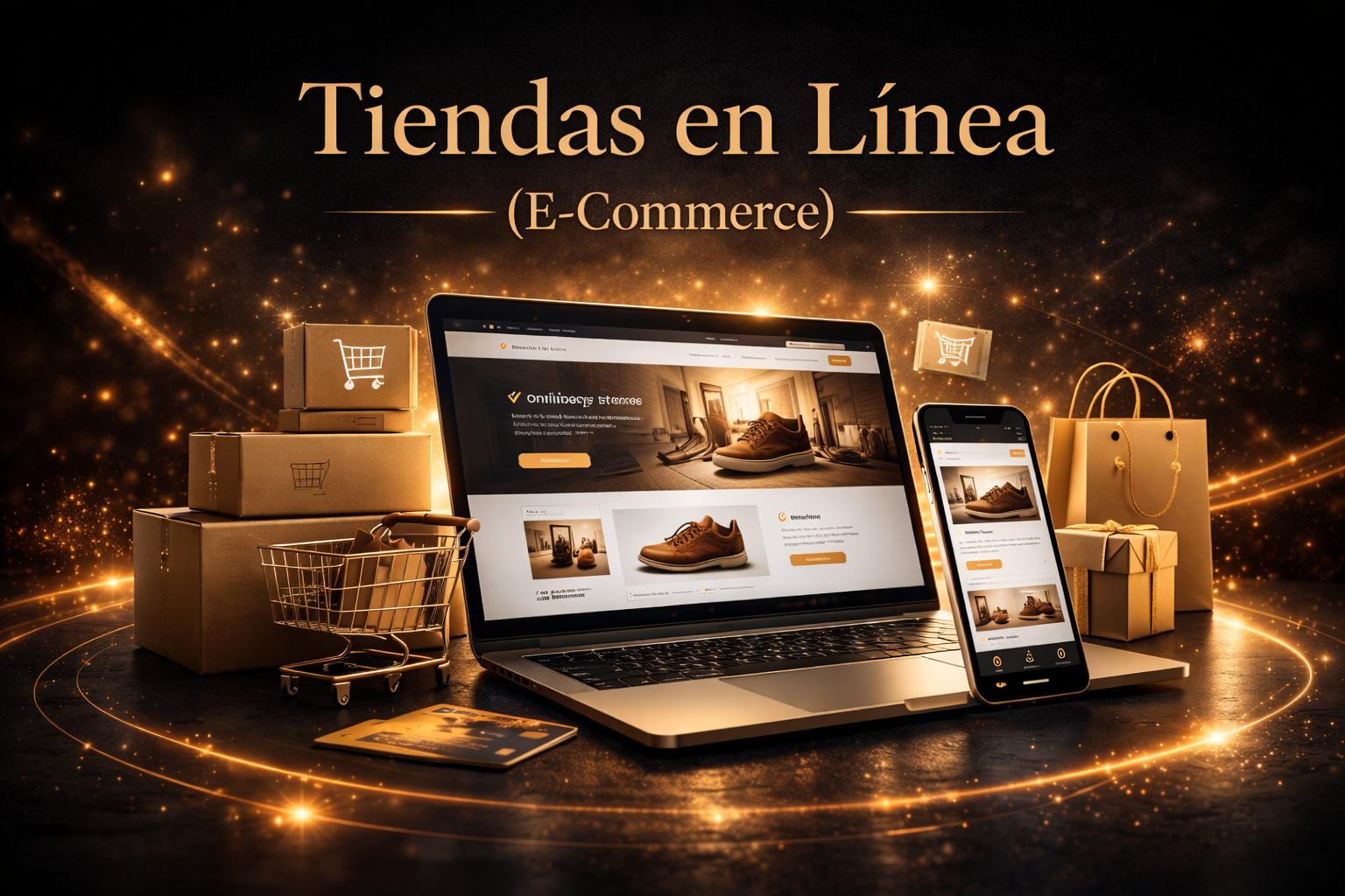 Ilustración de comercio electrónico con laptop y smartphone mostrando una tienda en línea con gráficos de ventas, representando el desarrollo de tiendas e-commerce para negocios