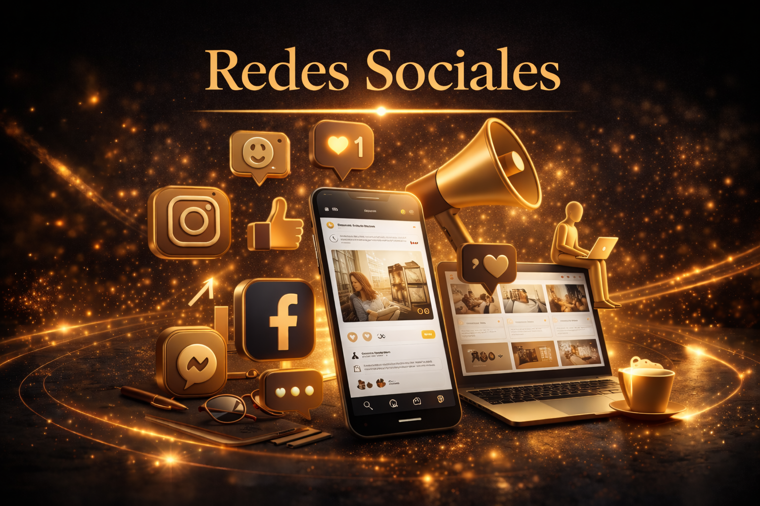 Ilustración de marketing en redes sociales mostrada en smartphone y laptop con iconos de plataformas digitales representando gestión y optimización de redes sociales para negocios.