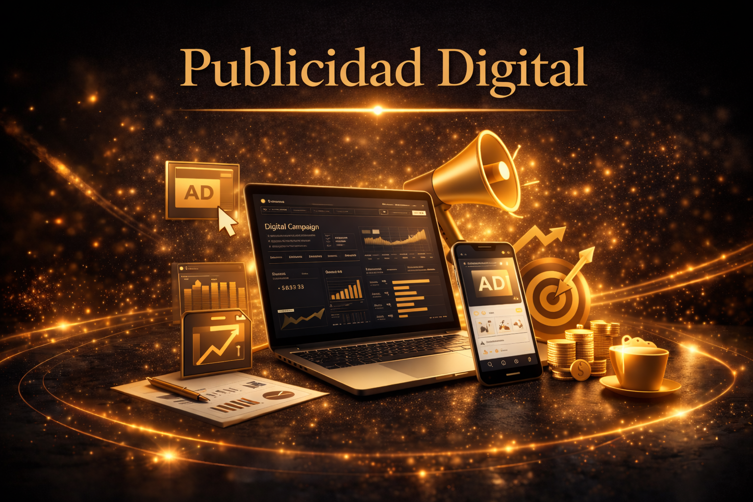 Representación visual de campañas de publicidad digital con laptop, smartphone y gráficos de rendimiento utilizados para anuncios en Meta Ads y Google Ads.