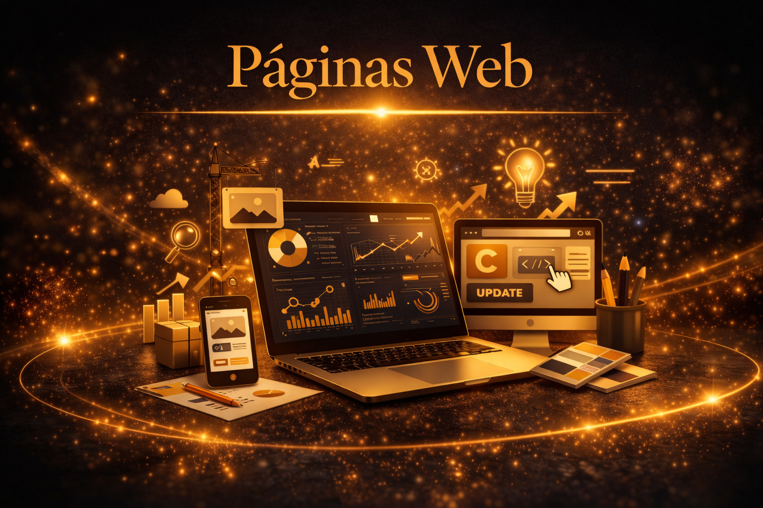 ilustración de diseño de páginas web mostrada en laptop y smartphone representando el desarrollo de sitios web profesionales para negocios