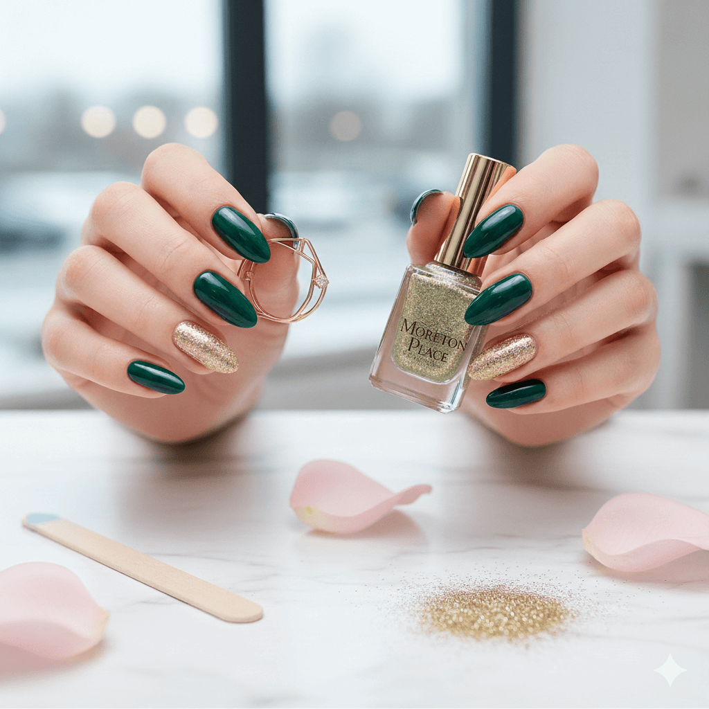 Close-up of hands with dark green and gold glitter nail polish