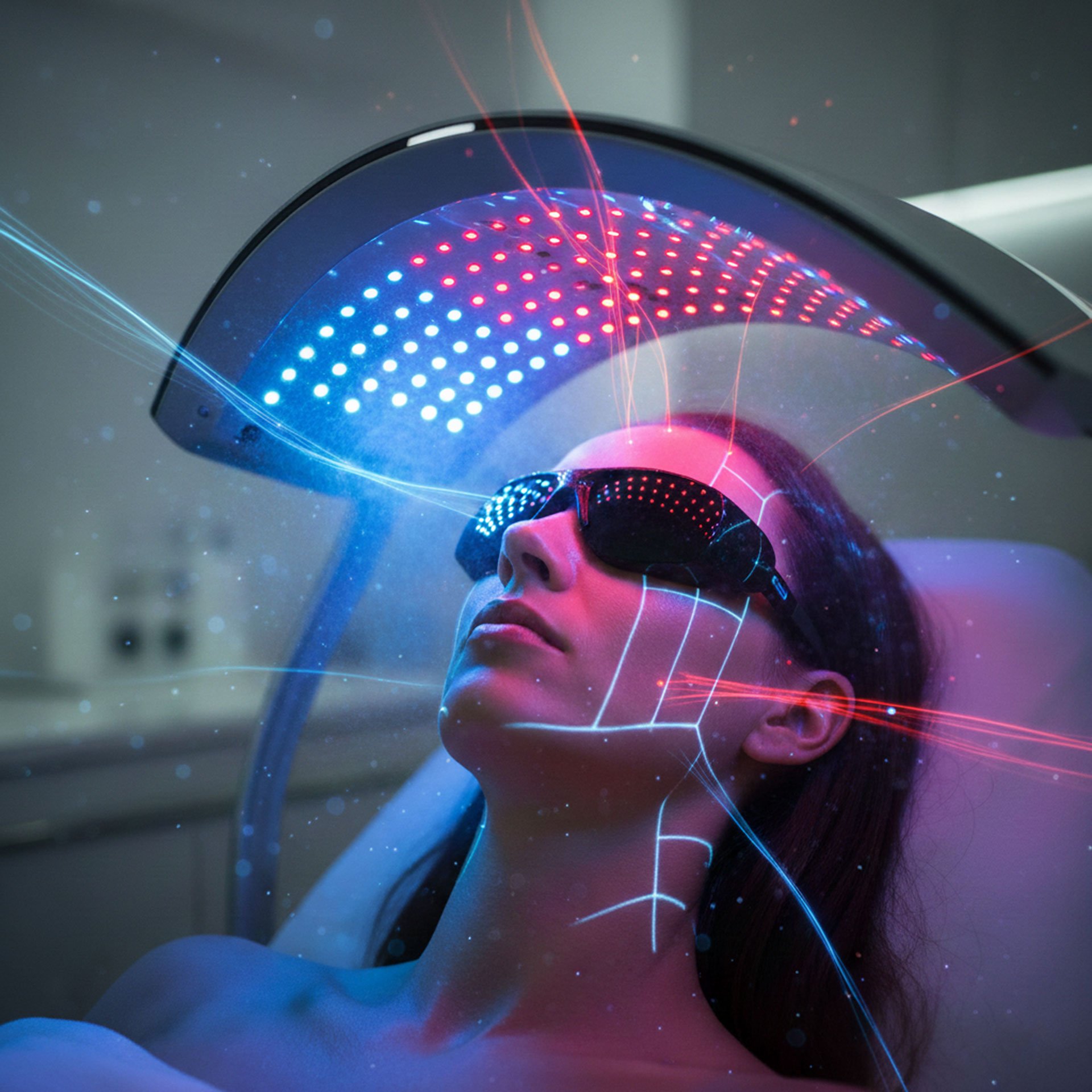 A woman lying under a LED light therapy