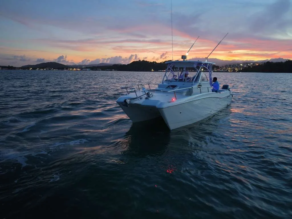 Barco blanco navegando en el agua durante el atardecer, con colinas y ciudad en el fondo, y el cielo nublado y colorido.