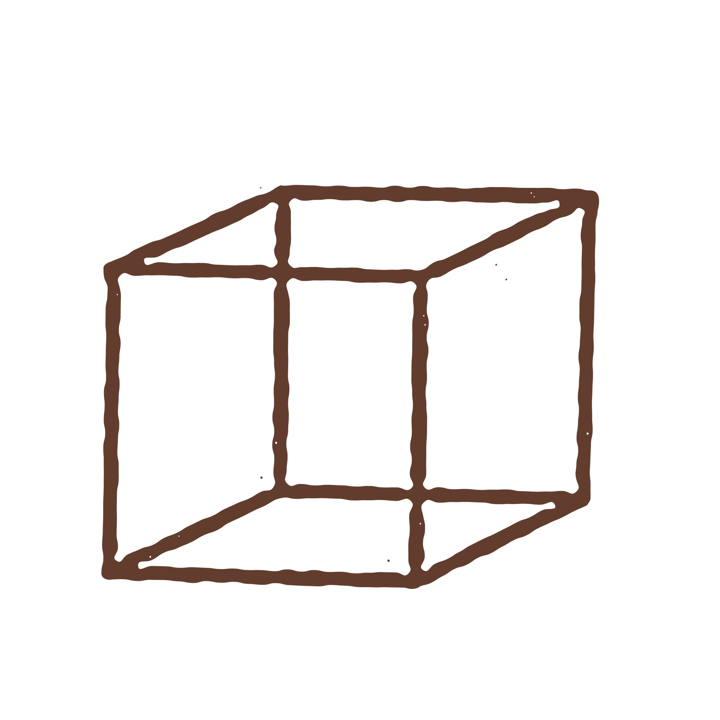 A hand-drawn sketch of a simple geometric cube in brown lines on a black background.