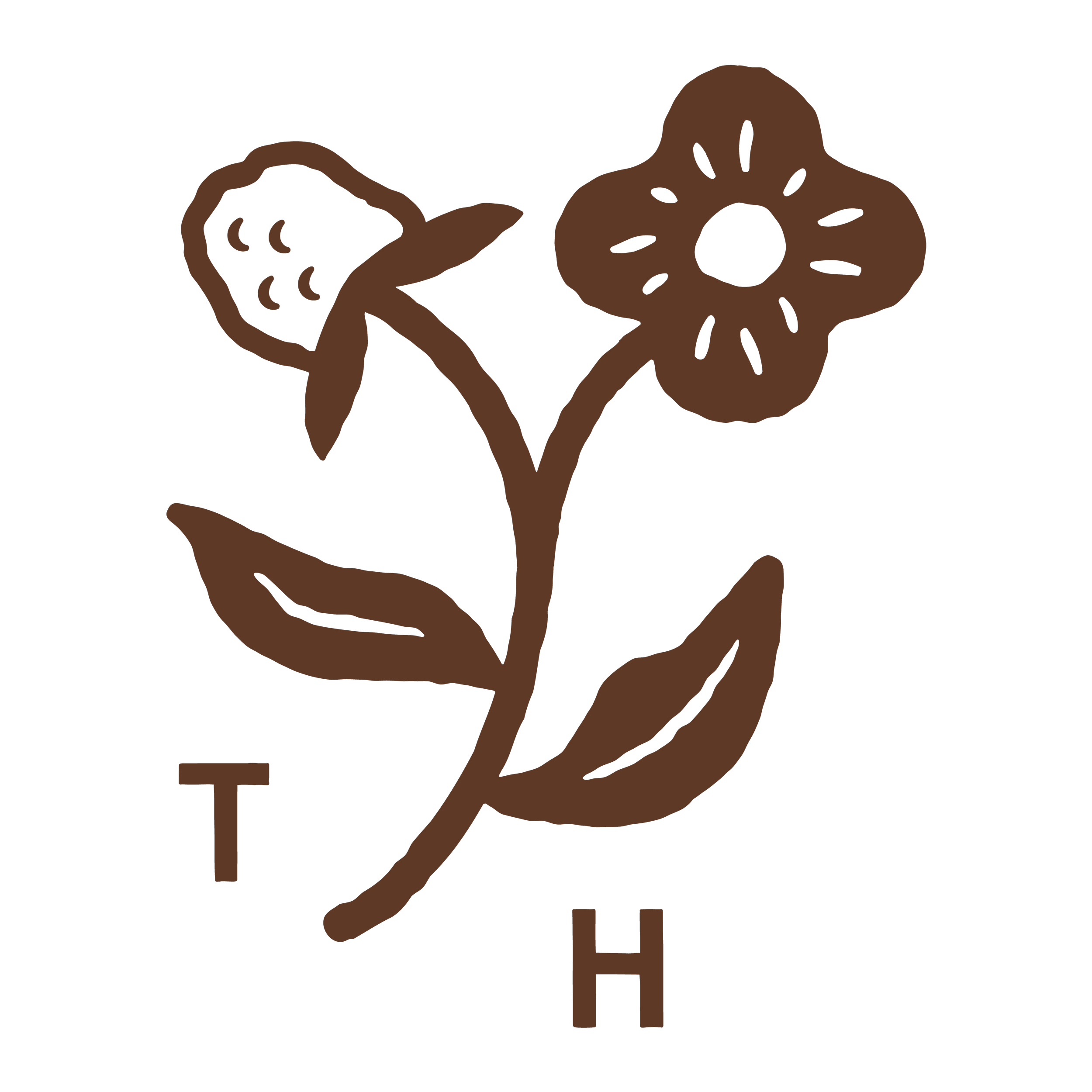 A brown line drawing of a flowers with a butterfly on a black background. The words 'THE' are positioned below the flower on the left, and 'H' below the flower on the right.