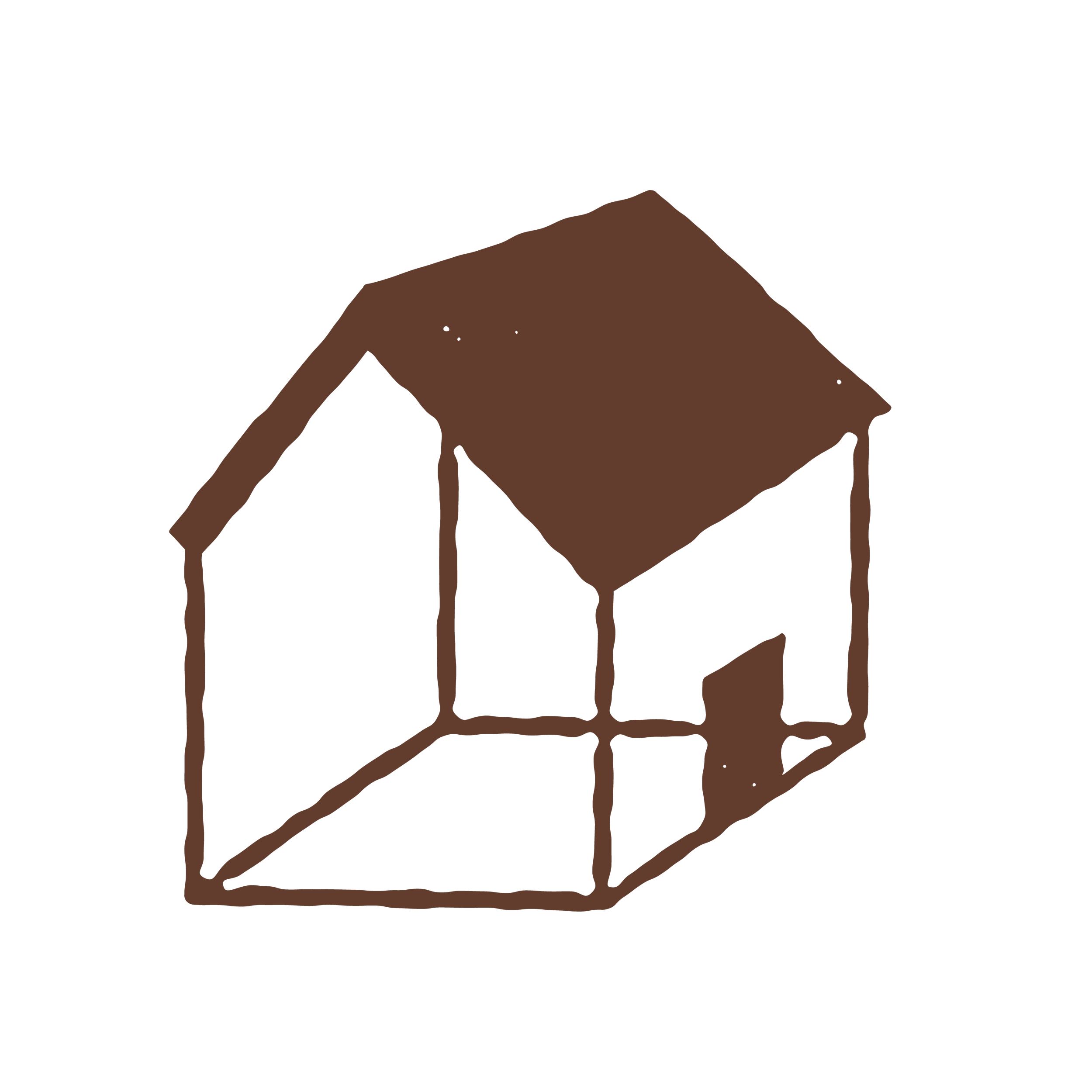 A simple line drawing of a small house with a pitched roof, drawn with brown lines on a black background.