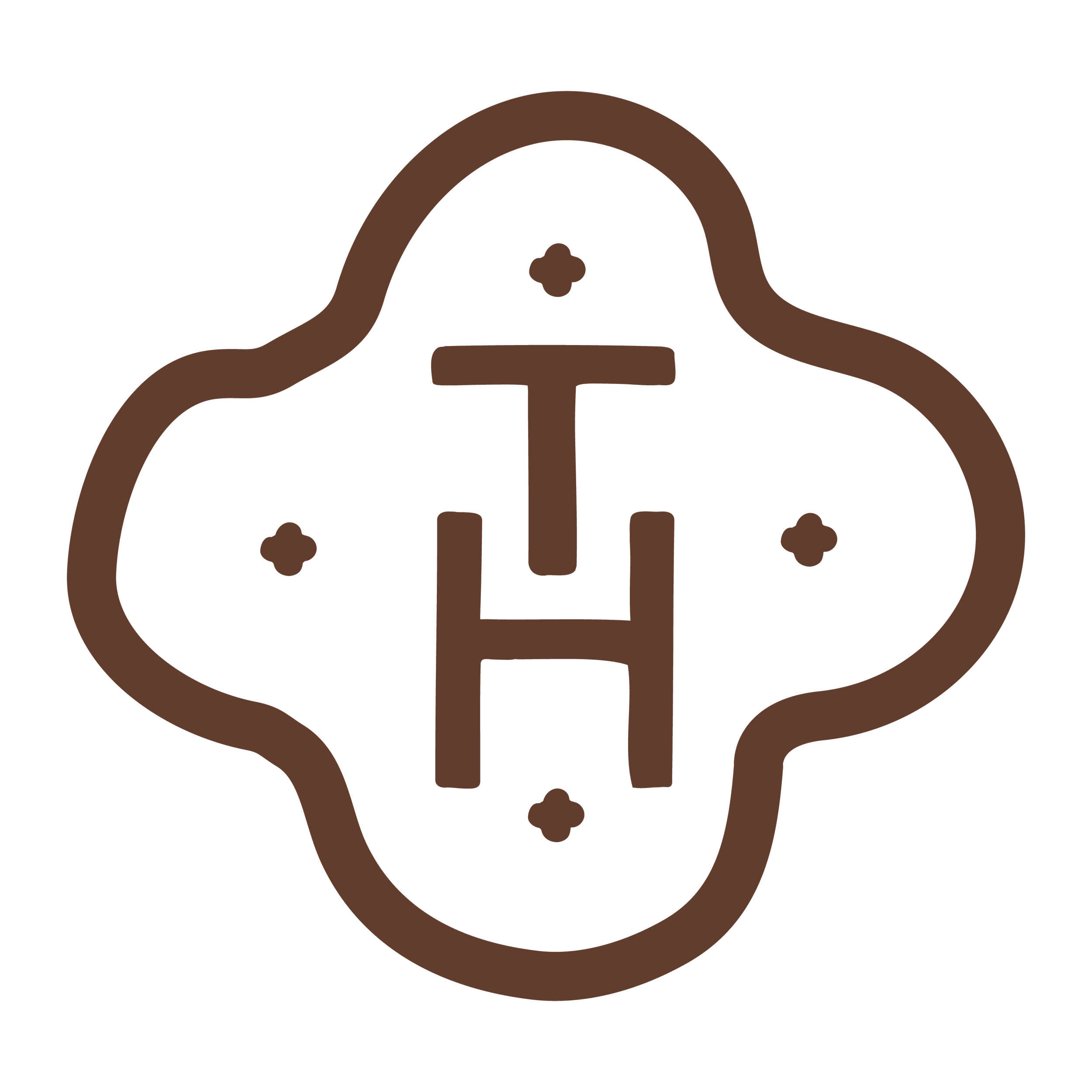 Stylized brown logo with a large 'H' and 'T' in the center, surrounded by a decorative quatrefoil pattern on a black background.