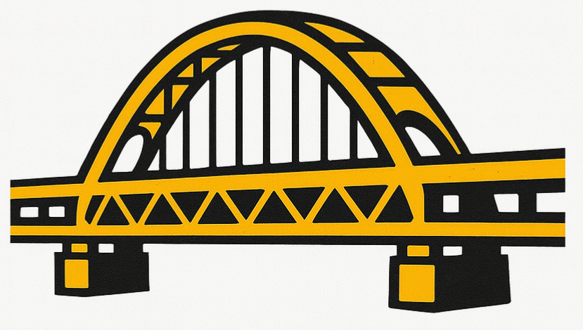 Illustration of a yellow and black bridge with an arch design.