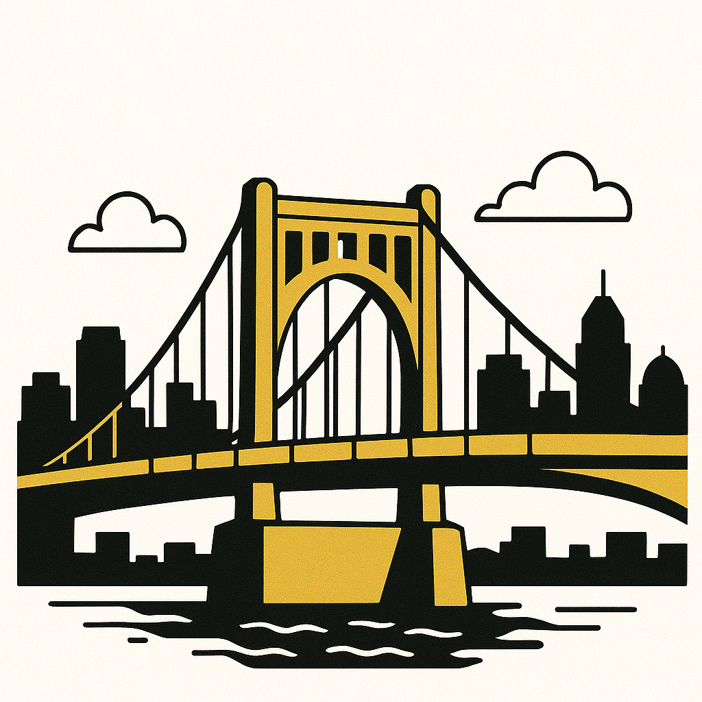 Illustration of a suspension bridge with a city skyline in the background, featuring skyscrapers, clouds, and water underneath.