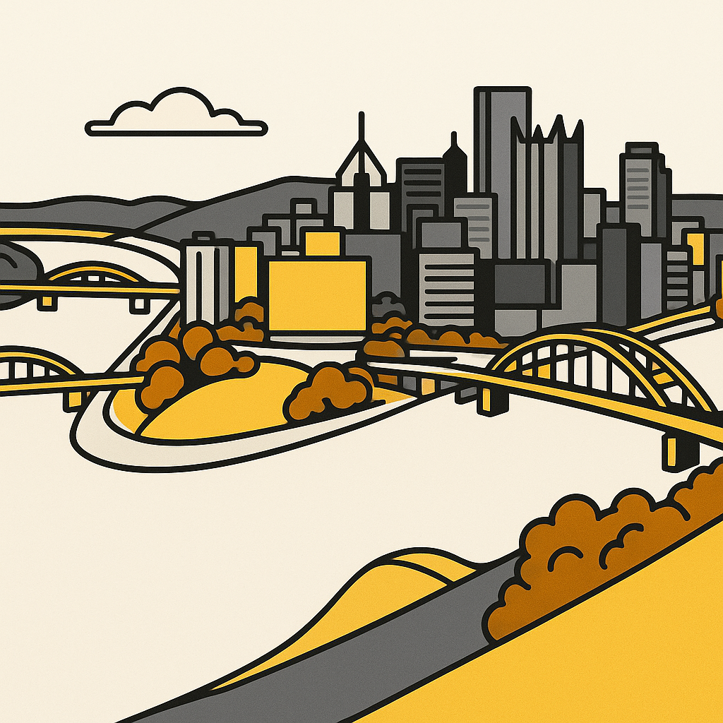 Illustration of a city skyline with skyscrapers, bridges, and hills in the foreground using black, gray, and yellow colors.