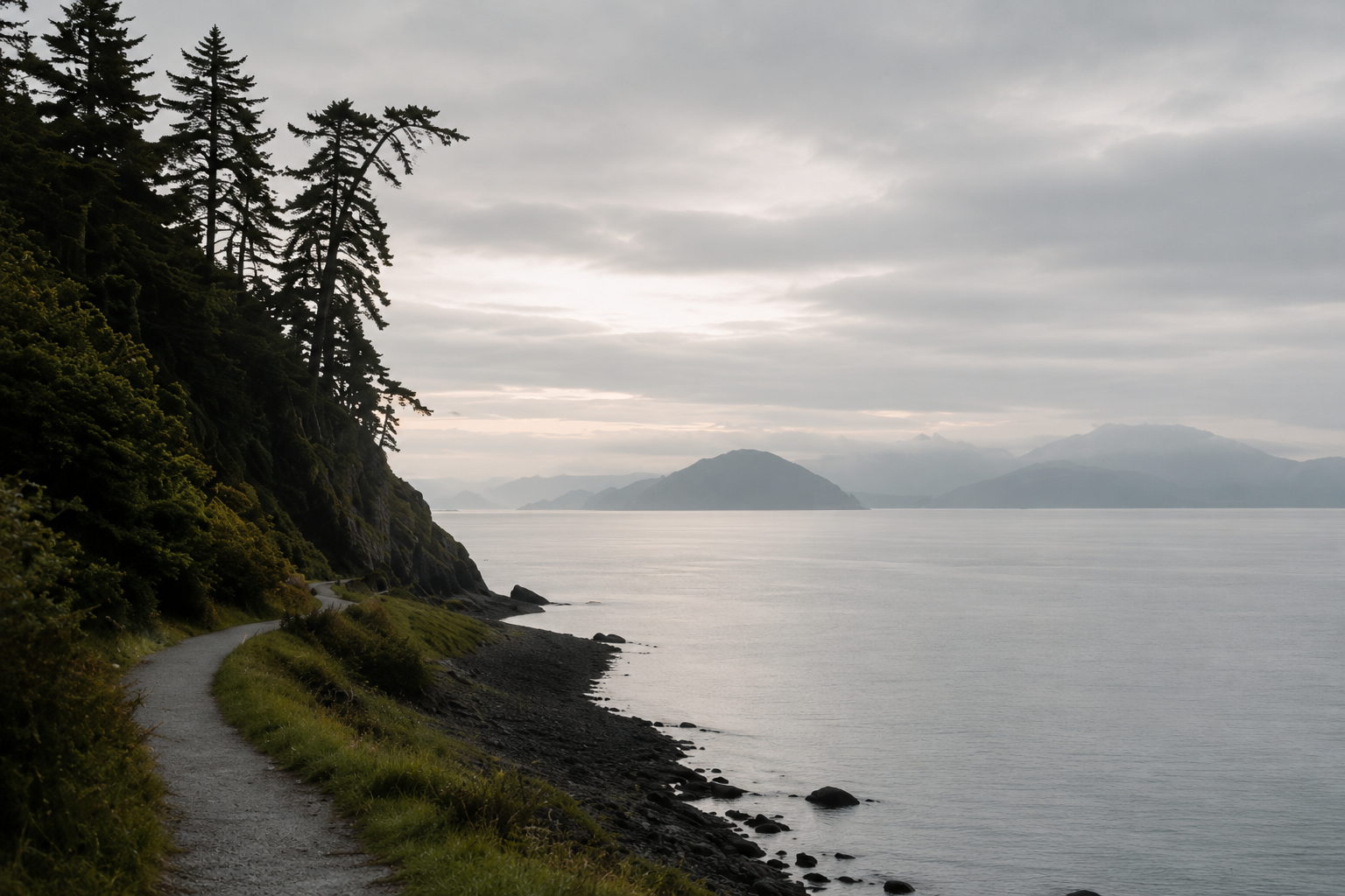 A coastal landscape with a winding trail along a forested hillside on the left, rocky shoreline, calm water, and distant mountains under a cloudy sky.