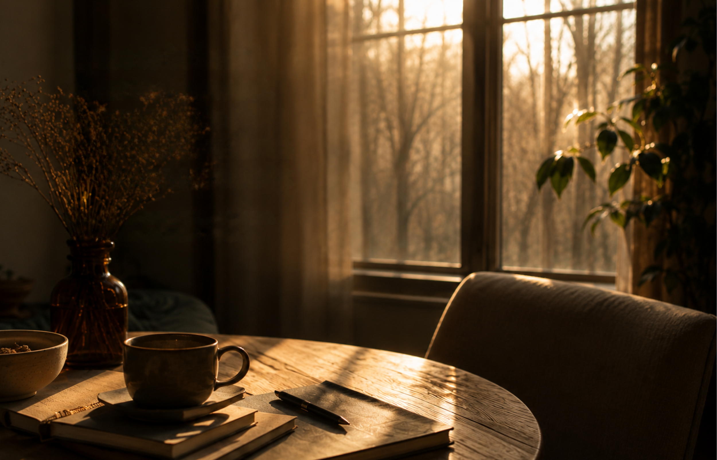 Sunlight streams through a window illuminating a cozy indoor space with potted plants and a table set with books, a coffee mug, and a pen.