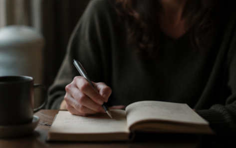 Person writing in a notebook at a wooden table with a mug nearby.