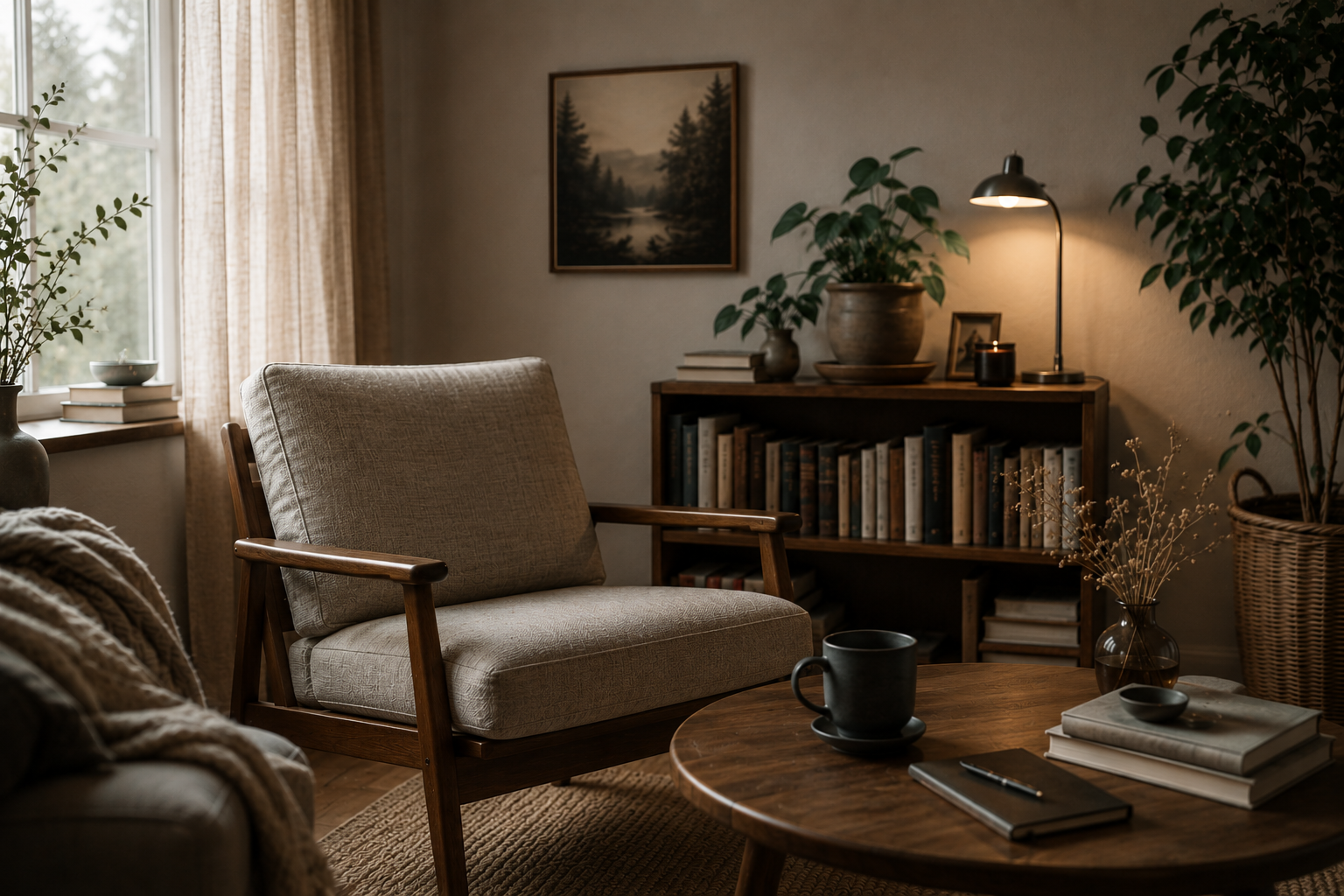 Cozy living room with a beige armchair, wooden coffee table with a black mug, books, and a pen, surrounded by houseplants, bookshelves, and soft lighting.